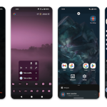 Lineup of four Android devices showing Nova Launcher aspects, including the logo, icon customization, and app drawer